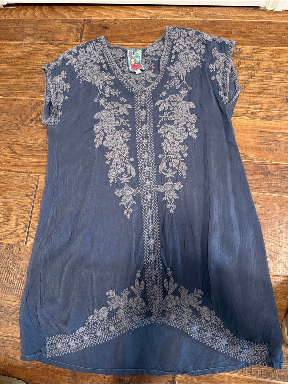 Johnny Was Navy Embroidered V-Neck Tunic